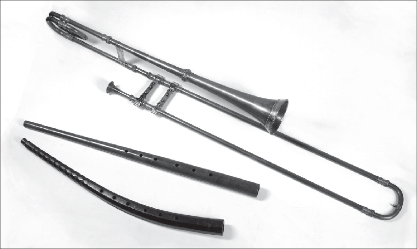 Il-trombone-tenore-di-Anton-Schnitzer-padre-1579-un-cornetto-negro-e-un-cornetto