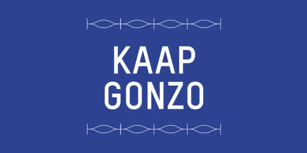 blauwe achtergrond met tekst Kaap Gonzo